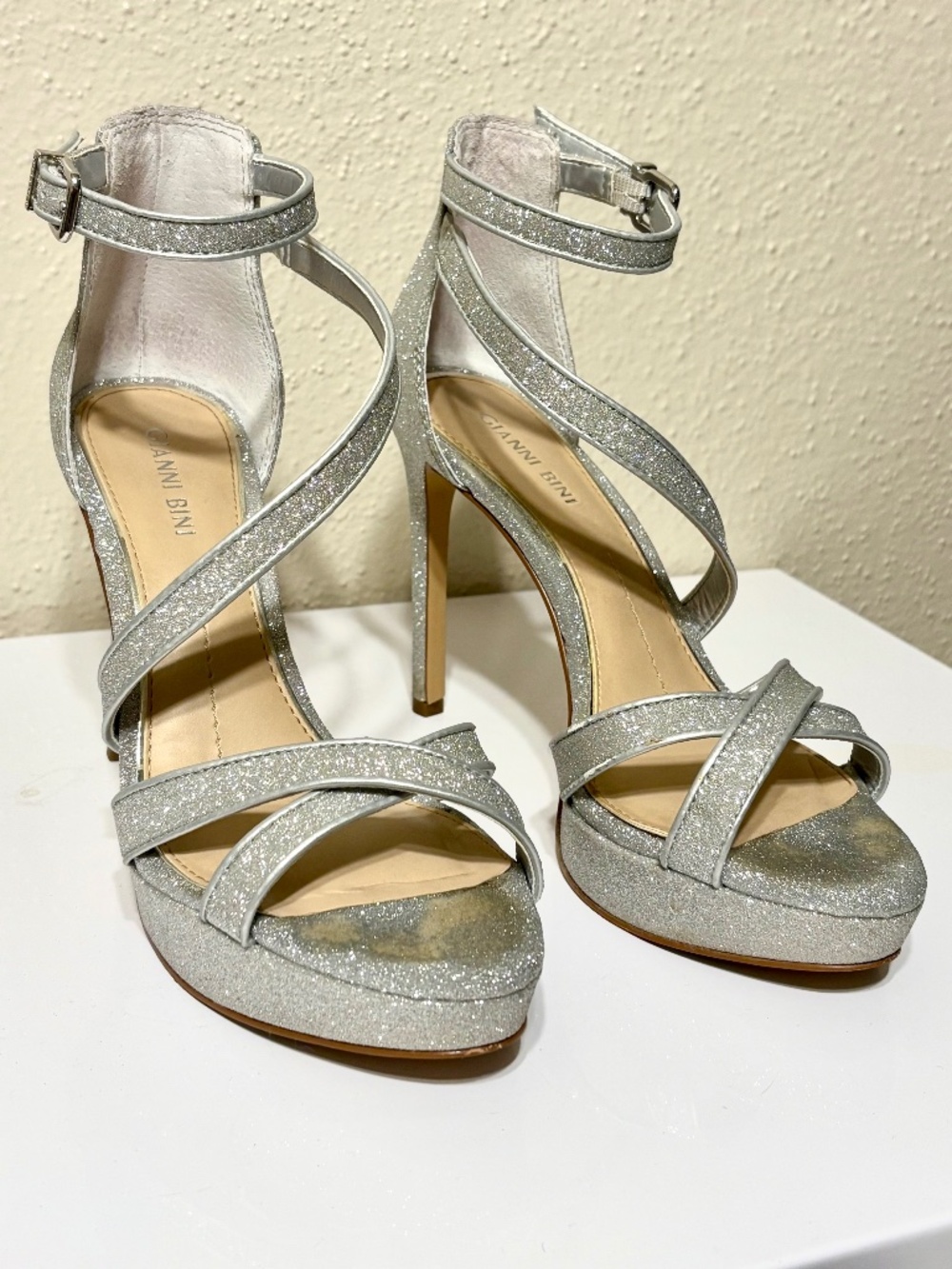 Silver Sparkle Platform Stiletto Strap Dress Heels